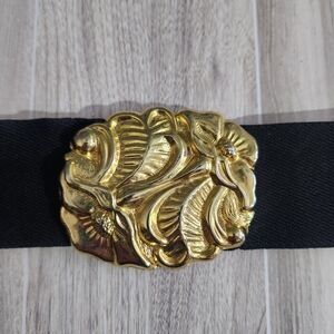Black Elastic Cinch Belt Gold Floral Flower Buckle Waist Belt Retro 31"